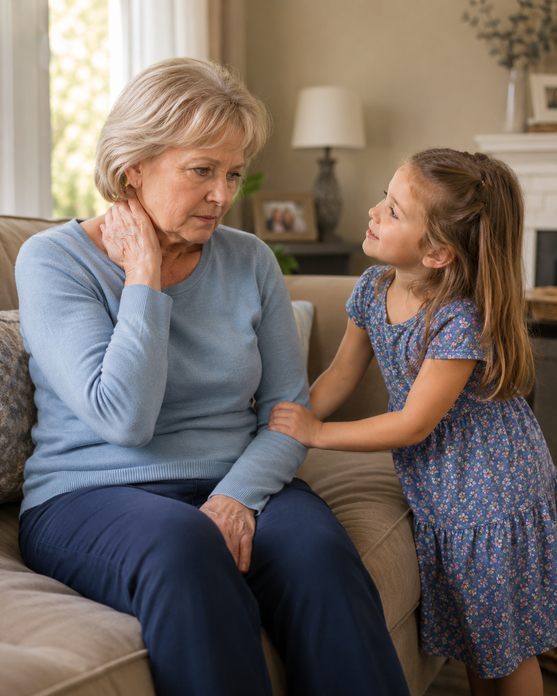 Grandmother with granddaughter during an emotional moment about stiffness, movement, and joint support after 50.