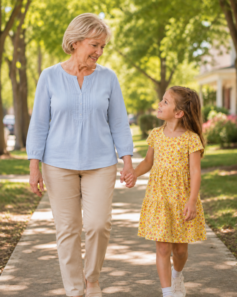 Grandmother walking outdoors with her granddaughter, holding hands and smiling together.