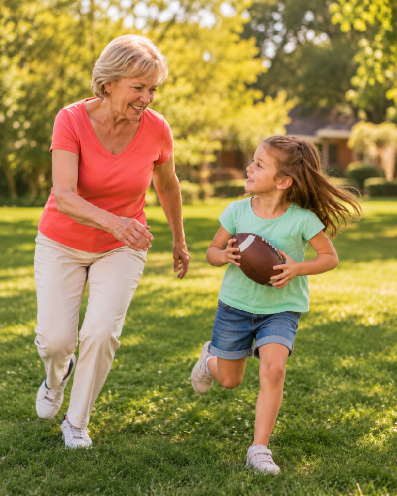 Grandmother happily playing outside with her granddaughter in a sunny park.