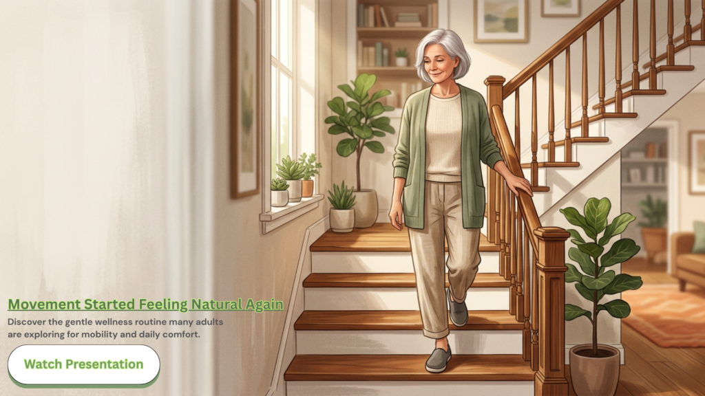 Illustration of a woman in her 60s comfortably walking down stairs inside a warm, sunlit home environment