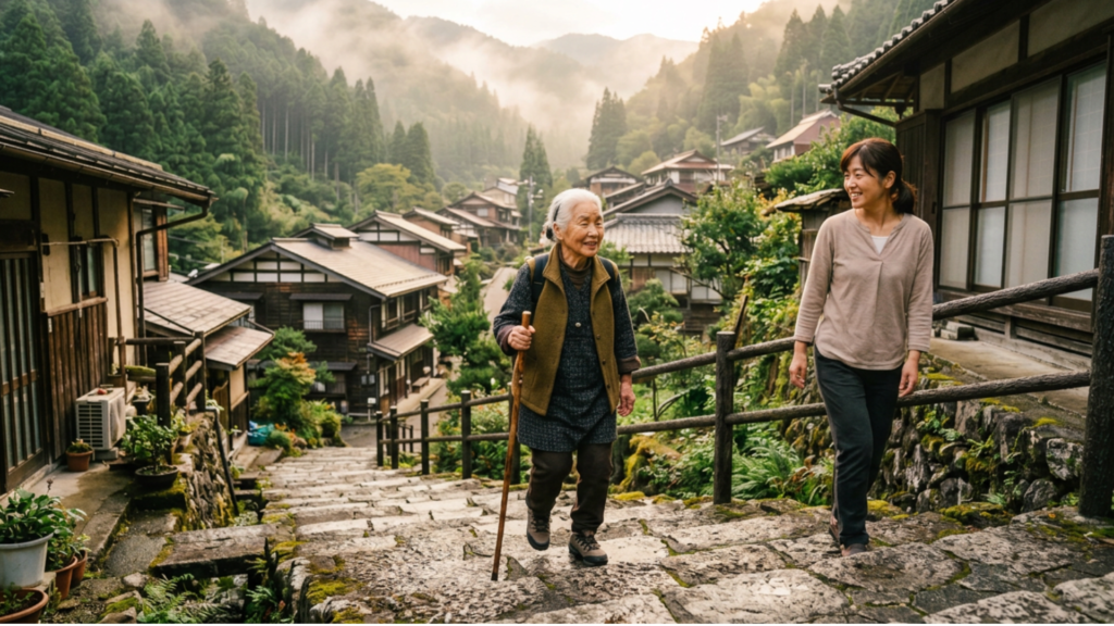 Older adults walking through a remote Japanese mountain village representing active aging and daily mobility.
