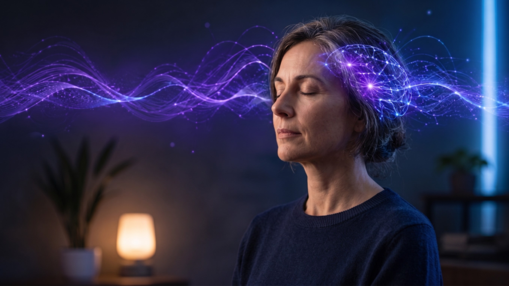 Woman over 45 with eyes closed in a calm room, surrounded by soft blue brainwave light patterns representing focus and mental clarity.