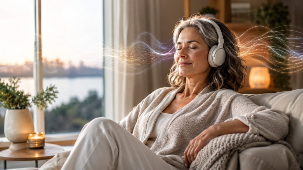 Woman over 45 wearing headphones in a calm evening setting, surrounded by soft brainwave light patterns representing focus and mental clarity.