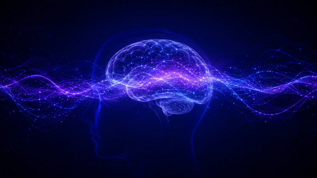 Glowing human brain with purple and blue soundwave patterns representing brainwave state, focus, and mental clarity.