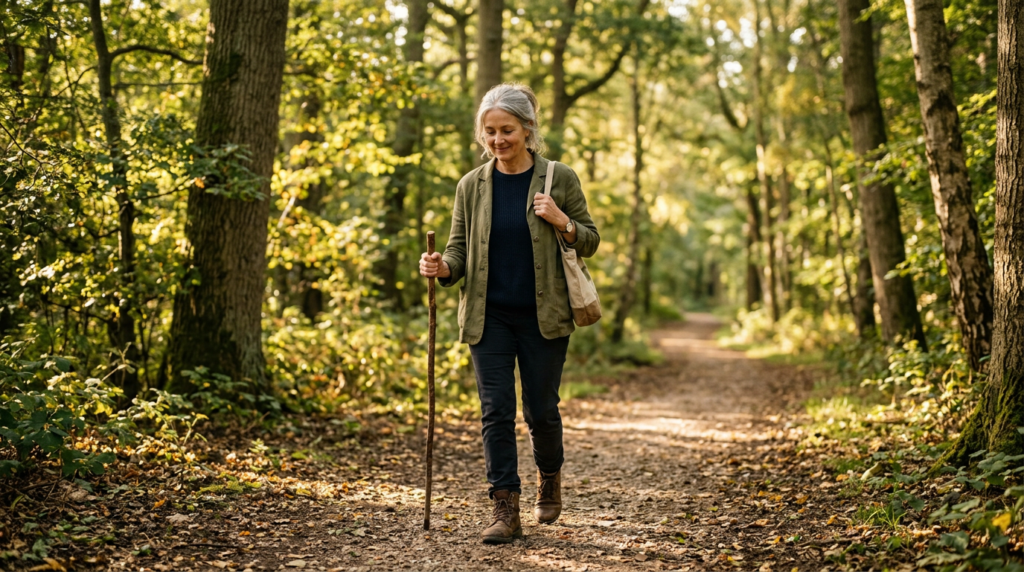 Middle-aged woman walking peacefully outdoors in morning sunlight representing calm healthy aging routines.