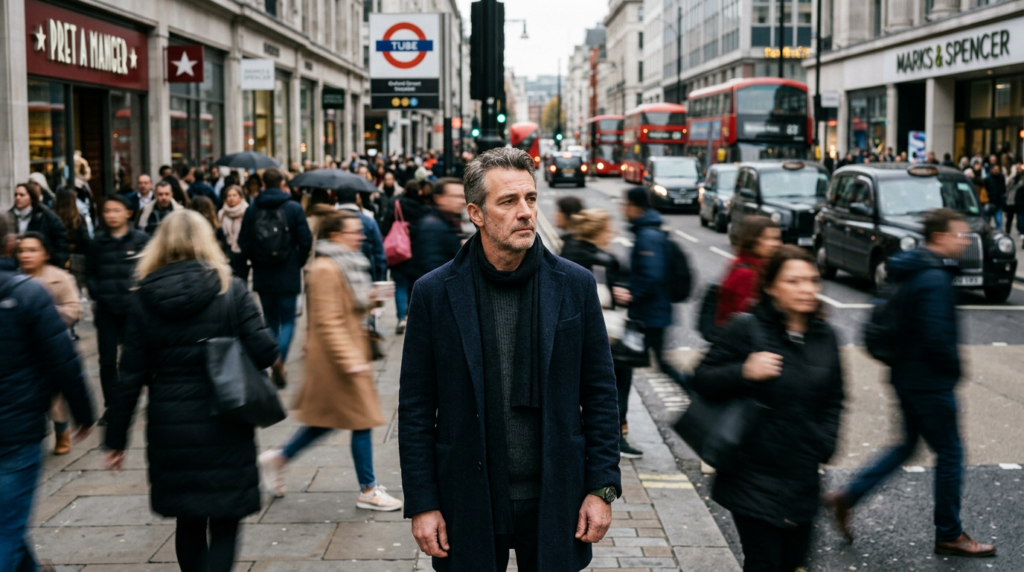 Middle-aged man standing still in a crowded city symbolizing mental fatigue and modern overstimulation.