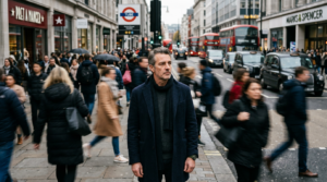 Middle-aged man standing still in a crowded city symbolizing mental fatigue and modern overstimulation.
