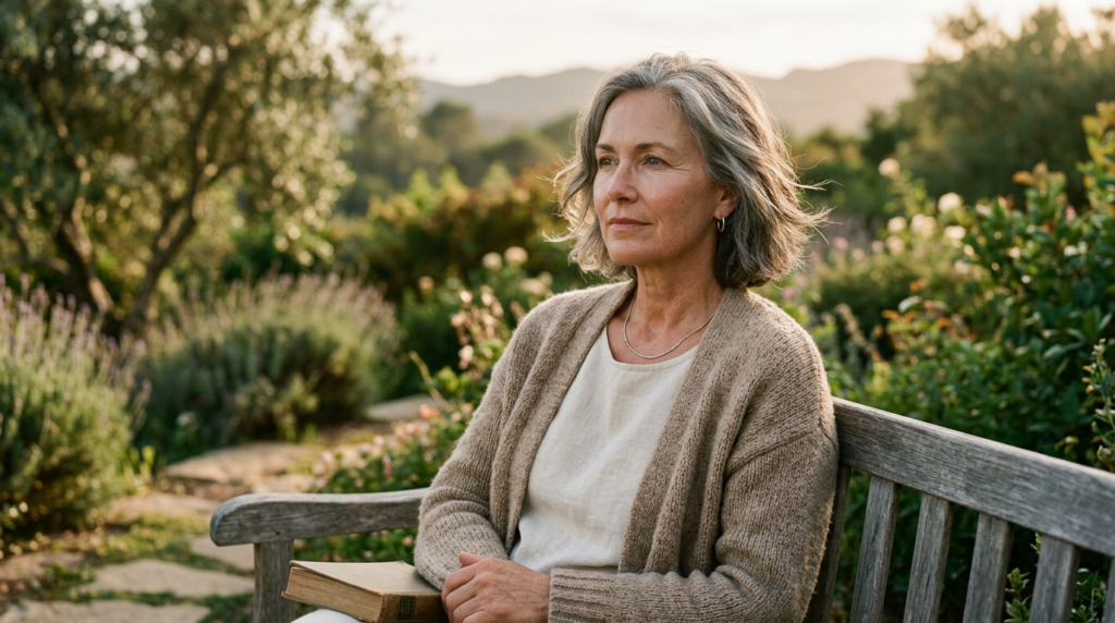 Relaxed middle-aged woman outdoors appearing calm, mentally clear, and emotionally refreshed.