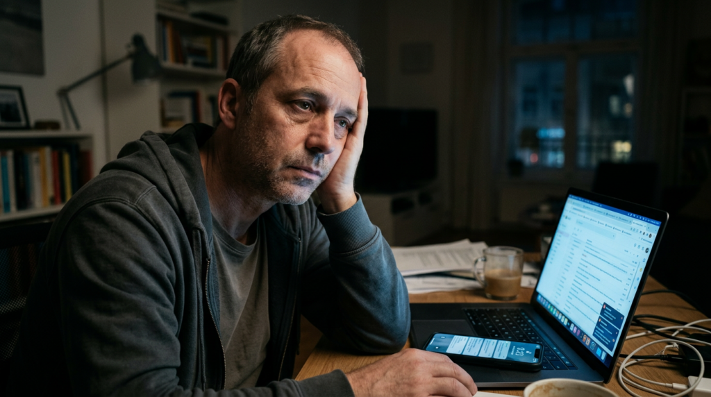Middle-aged man sitting in blue screen light looking mentally exhausted from digital overload and constant notifications.