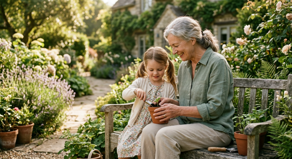 Grandmother gardening with her young granddaughter in a peaceful sunlit garden surrounded by flowers and greenery