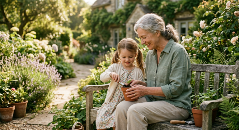 Grandmother gardening with her young granddaughter in a peaceful sunlit garden surrounded by flowers and greenery