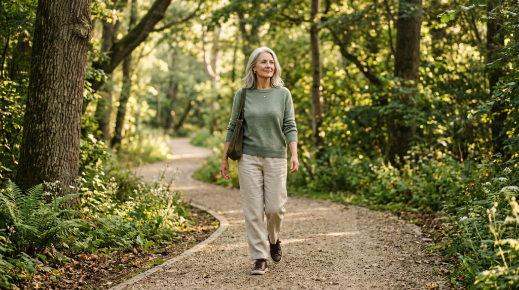 Woman in her early 60s enjoying a peaceful morning walk outdoors surrounded by greenery and soft sunlight