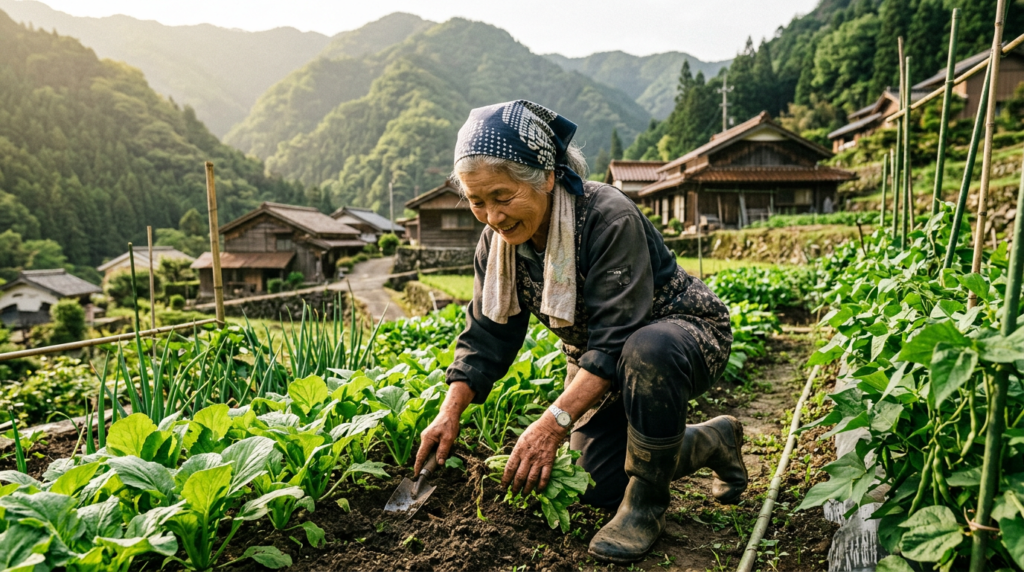 Older Japanese woman gardening in a rural mountain village