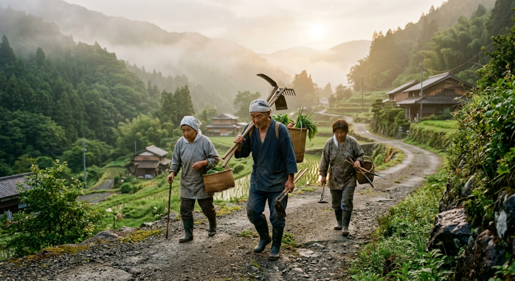 Older villagers walking through a misty mountain road in rural Japan at sunrise