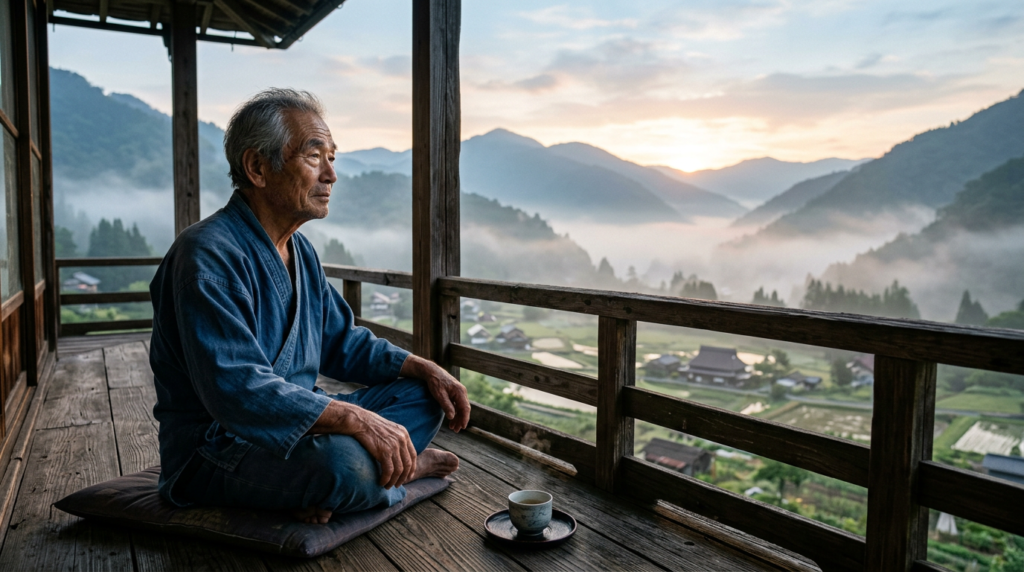 Older Japanese man sitting quietly in a rural mountain village