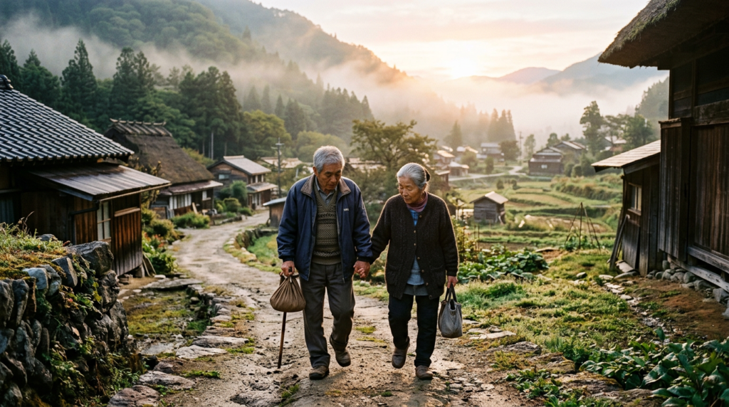 Older Japanese couple walking through a peaceful rural village