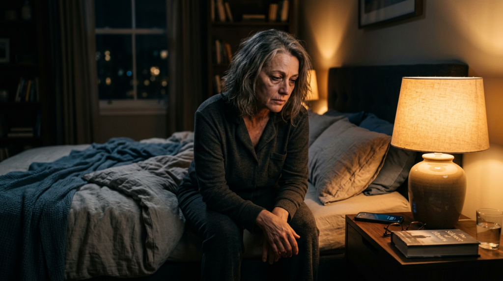 Person sitting quietly at night beside a warm lamp feeling mentally exhausted