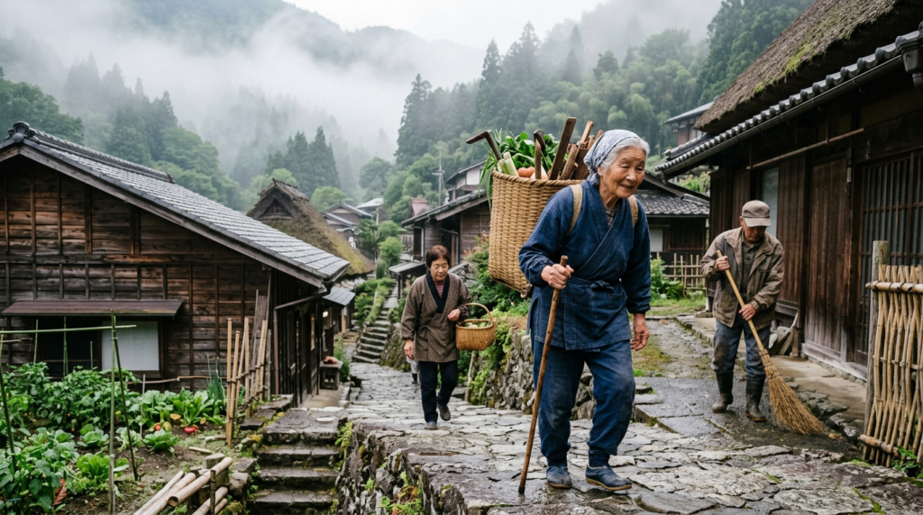 Elderly Japanese seniors walking through a misty mountain village surrounded by steep gardens and traditional homes.