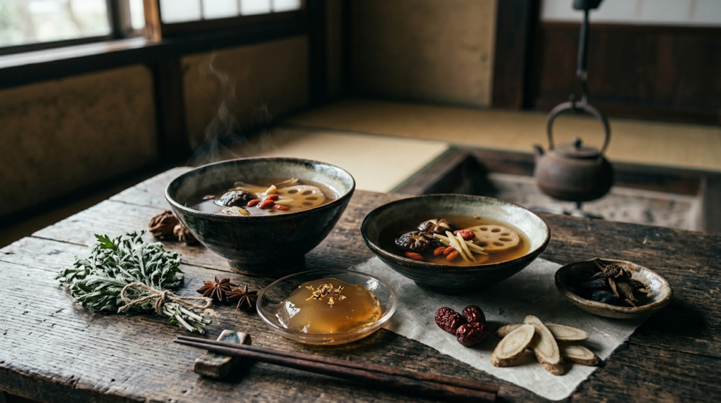 Traditional Japanese wellness foods and jelly-like nutrient compounds displayed inside a rustic mountain village home.