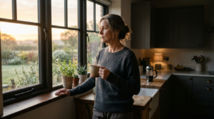 Tired person standing quietly in kitchen during early morning