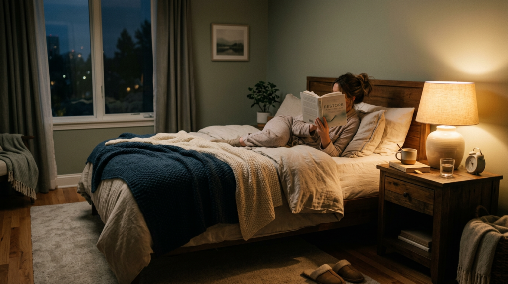 Calm peaceful bedroom at night with warm lighting and book on bedside table
