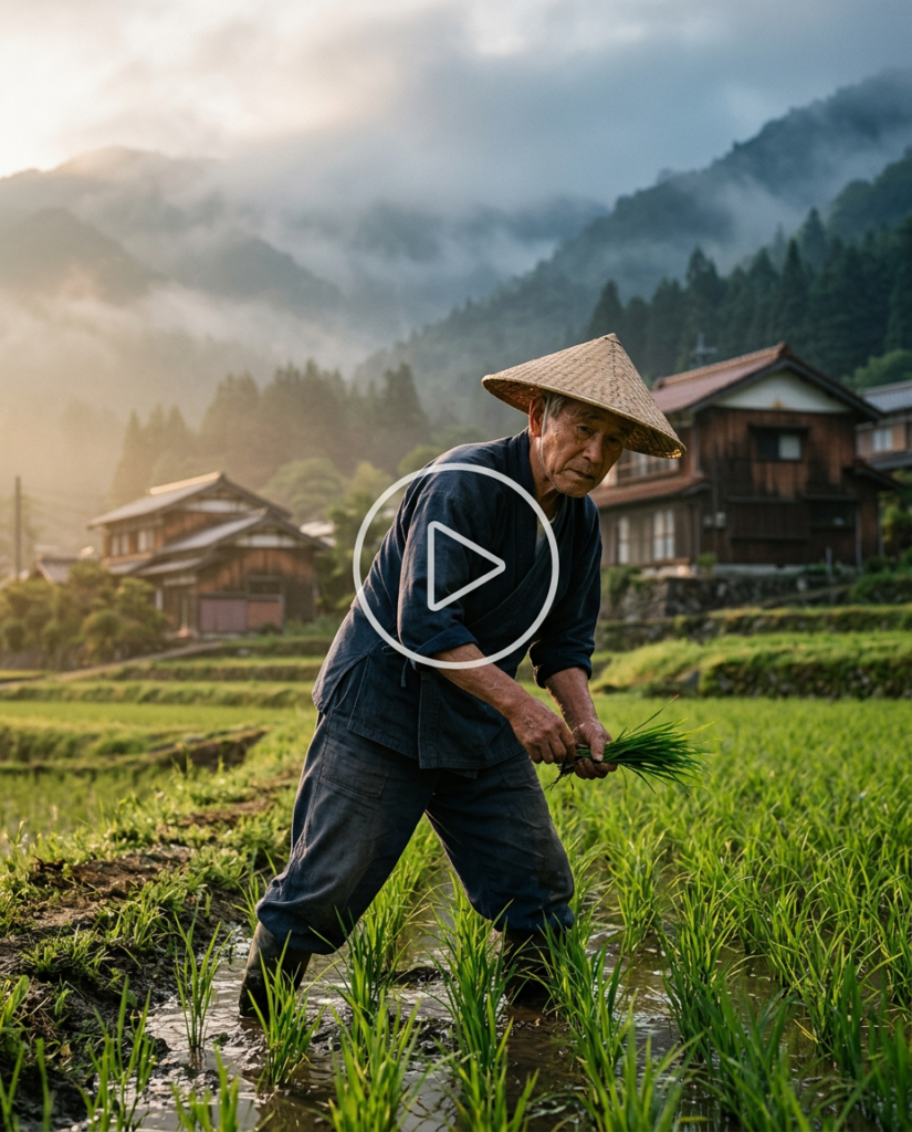 Elderly Japanese farmer working in a rice field in a remote mountain village known for active aging and daily movement routines