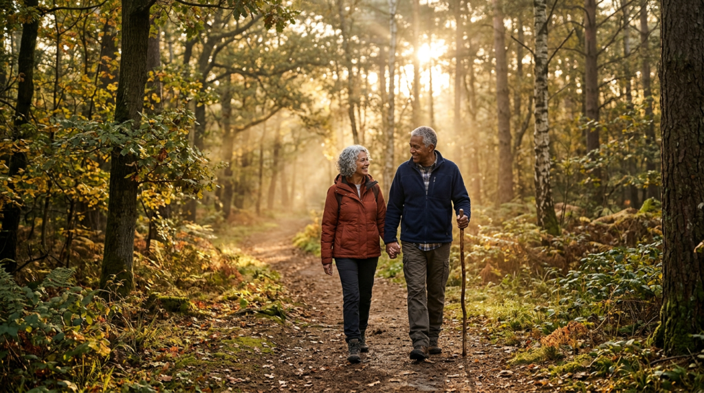 Older couple walking outdoors during sunrise