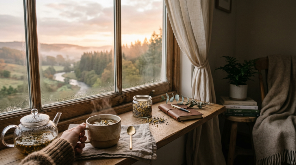 Herbal tea near window in calm morning light