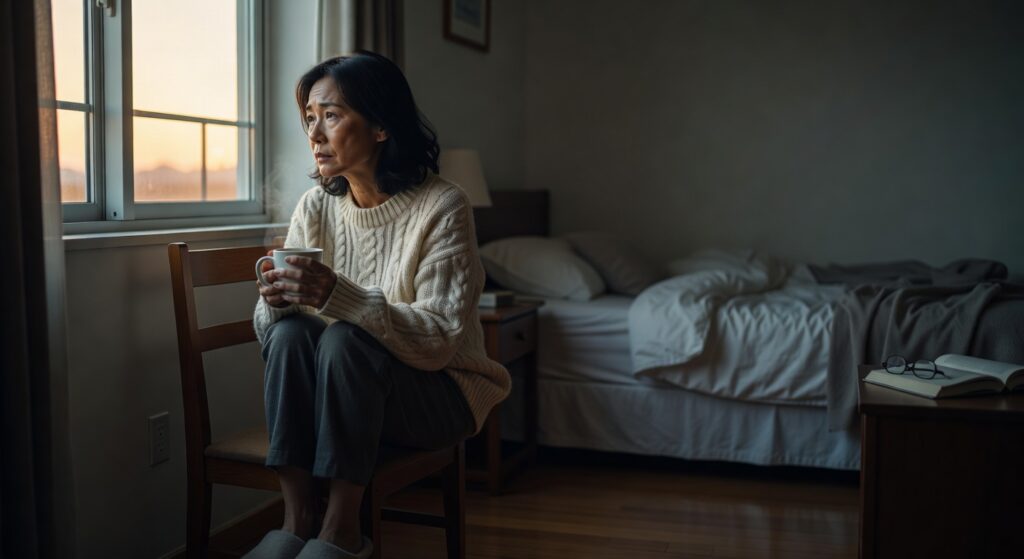 Tired middle-aged person sitting quietly near a window in the morning