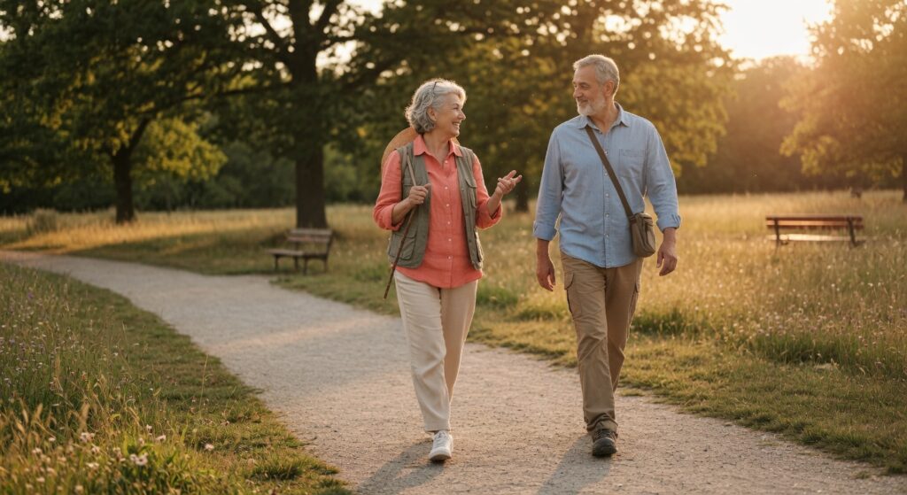 Older couple walking confidently outdoors during sunset representing active aging and independent movement.