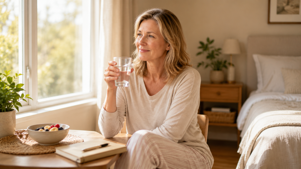 A middle-aged woman drinking water near a window in the morning with a healthy breakfast and journal nearby.