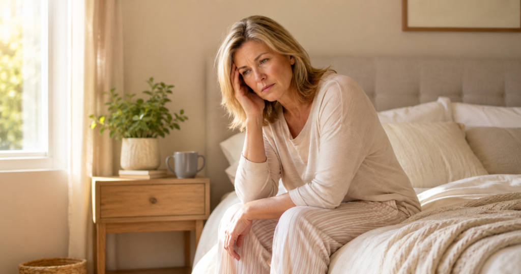 A tired middle-aged woman sitting on the edge of her bed in the morning, showing morning fatigue after waking up.