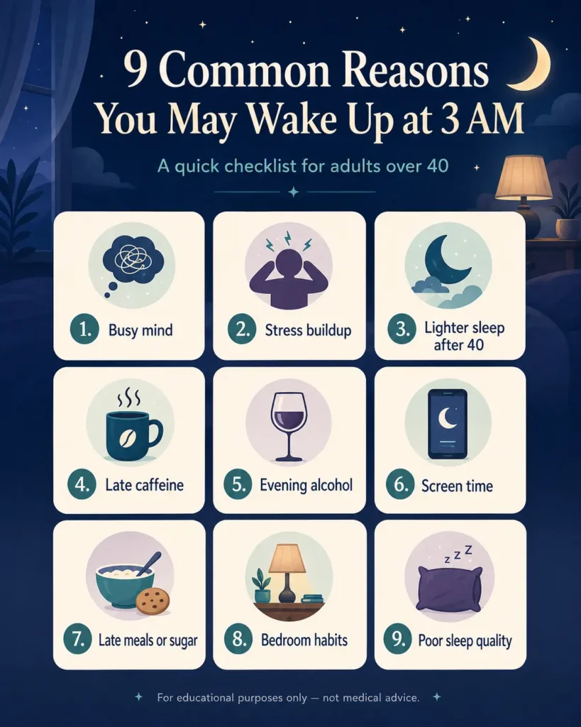 Infographic showing 9 common reasons people may wake up at 3 AM with racing thoughts.