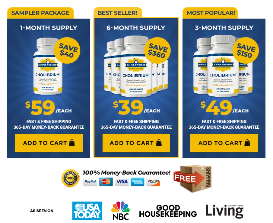 Cholibrium price packages showing 1 bottle, 3 bottles and 6 bottles with official website pricing.