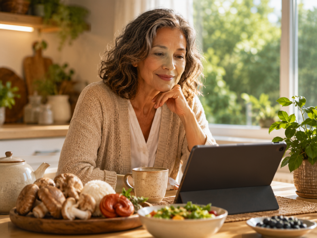 Woman over 50 watching a mushroom wellness presentation on a tablet in a bright kitchen.