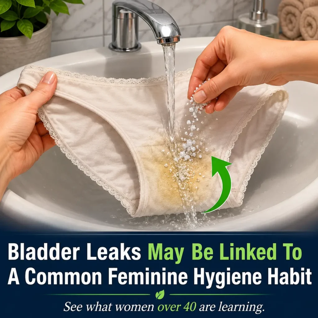 Illustration of a feminine hygiene washing routine with underwear in a sink and text about bladder leaks possibly being linked to a common hygiene habit after 40.