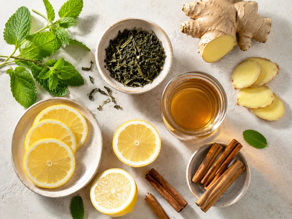 Costa Rican tea ingredients including ginger, lemon, cinnamon, mint, and green tea