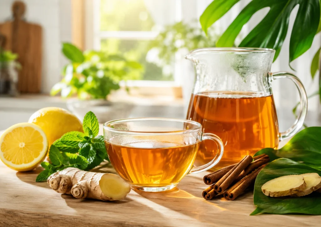Costa Rican-inspired herbal tea with lemon, mint, ginger, and cinnamon for a simple weight wellness routine.