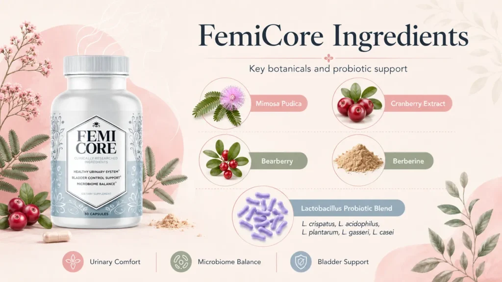 FemiCore ingredients infographic showing the supplement bottle with Mimosa pudica, cranberry extract, bearberry, berberine, and Lactobacillus probiotic blend.