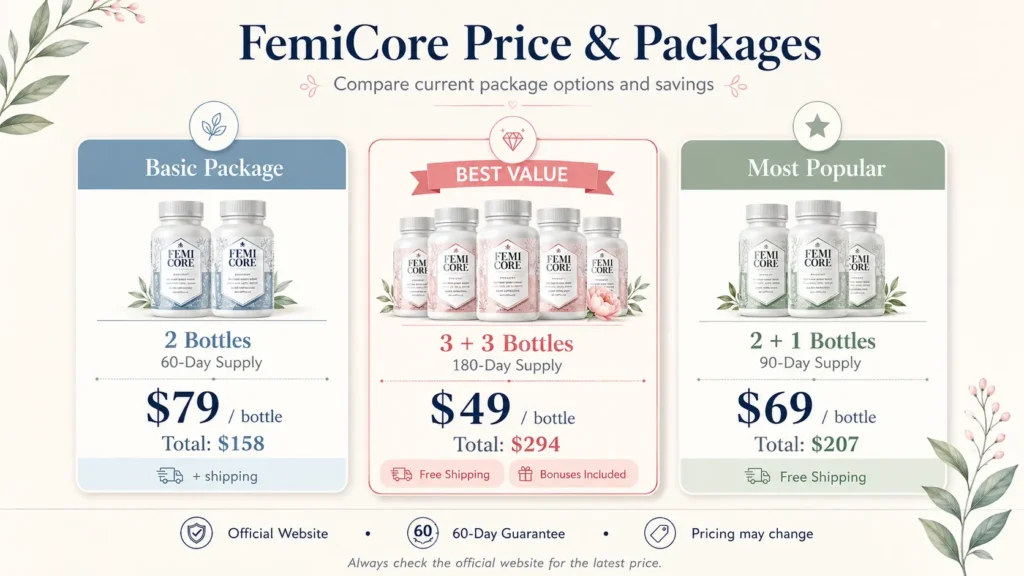 FemiCore price and packages comparison image showing basic 2-bottle package, most popular 2+1 bottle package, and best value 3+3 bottle package with prices.