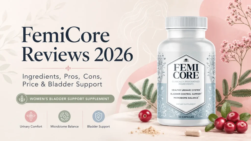 FemiCore Reviews 2026 hero image showing the FemiCore supplement bottle with cranberry, botanical ingredients, and bladder support benefits.