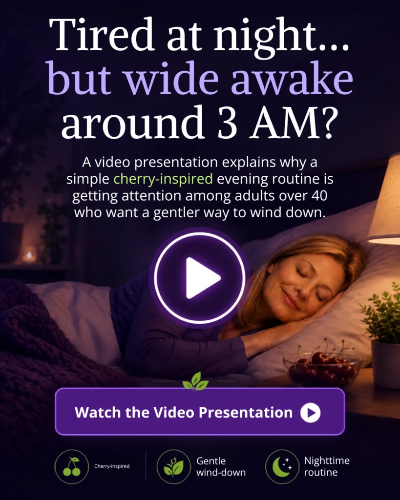 Mobile hero image showing a woman resting in bed with text about being tired at night but wide awake around 3 AM and a video presentation button