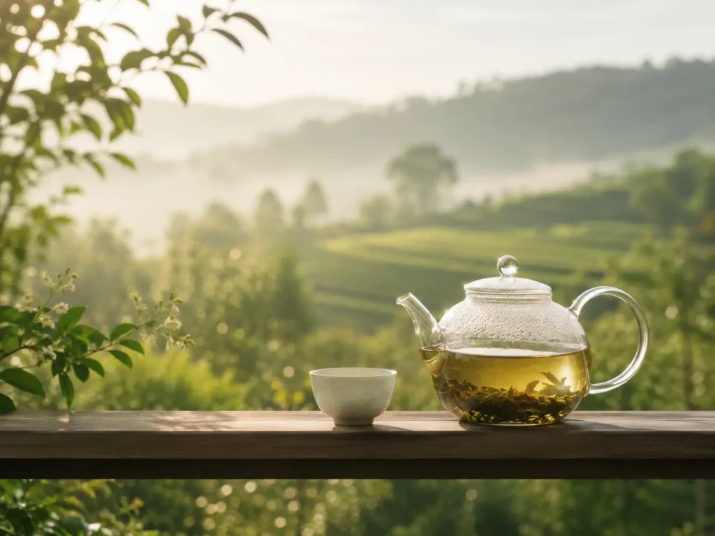 A calming tea setup overlooking green countryside, representing simple wellness, balance, and healthy daily habits