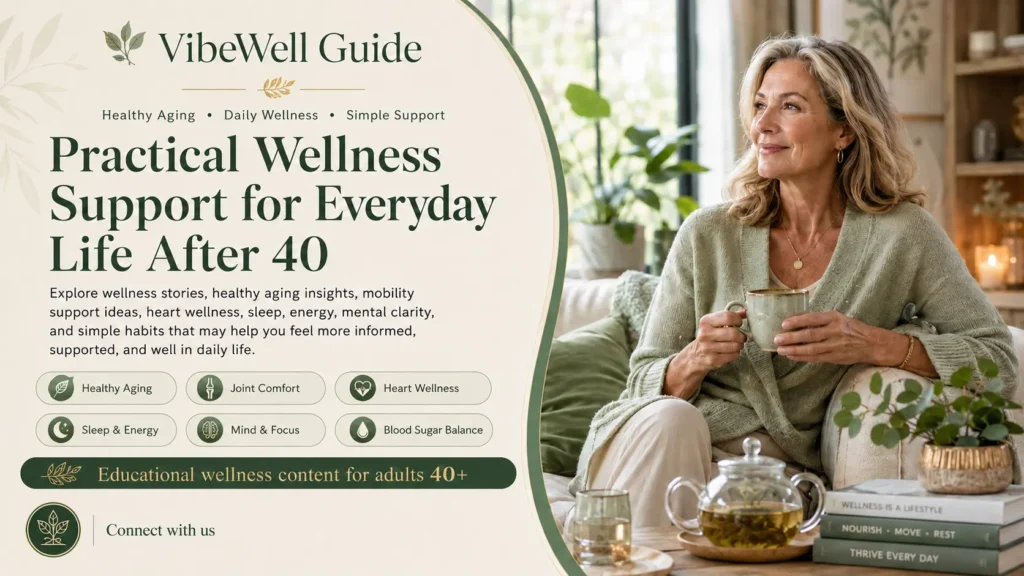 VibeWell Guide wellness support for everyday life after 40 with healthy aging and daily wellness themes