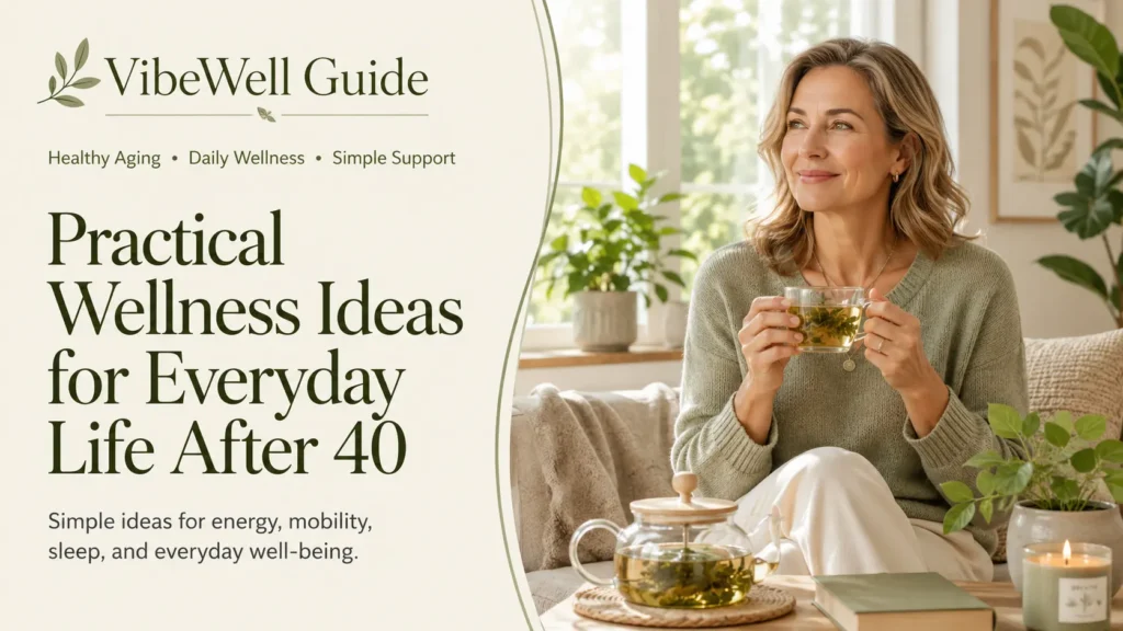Woman enjoying tea at home with practical wellness support message for everyday life after 40