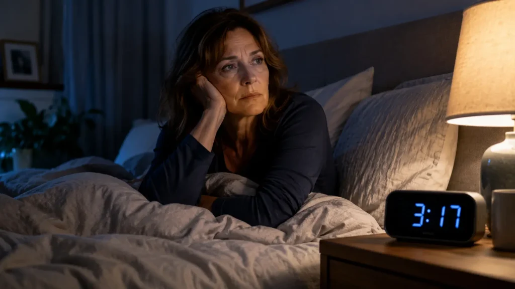 Woman awake in bed at 3 AM with racing thoughts and trouble sleeping after 40.