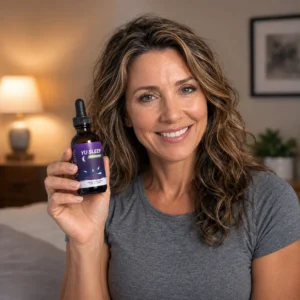 Smiling woman holding a Yu Sleep bottle in a calm bedroom setting.