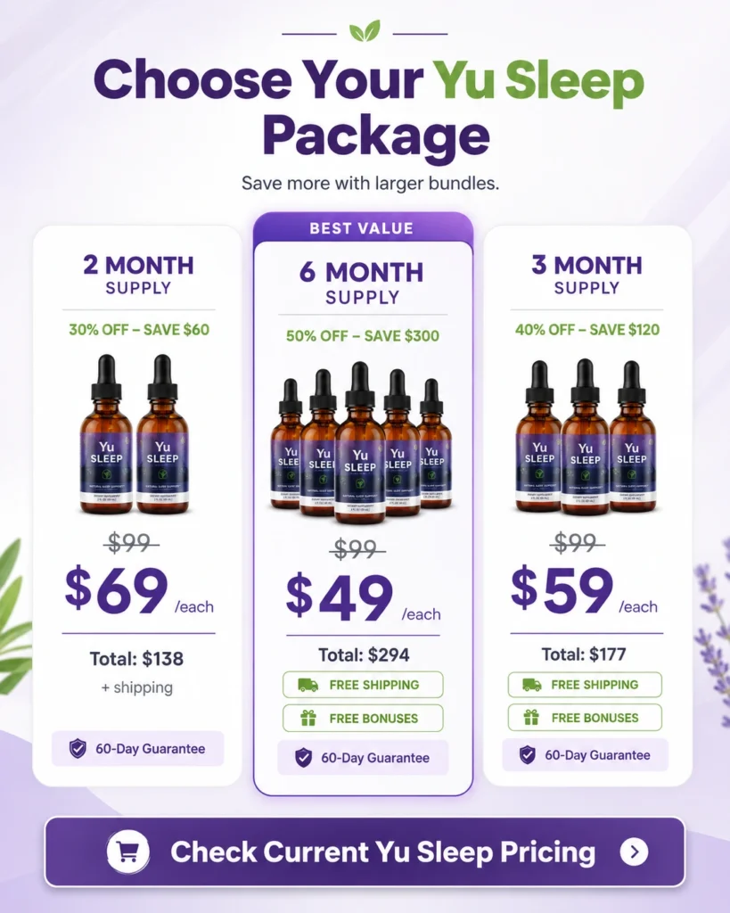 Yu Sleep pricing chart showing 2-month, 3-month, and 6-month supply package options with bottle images and discount details