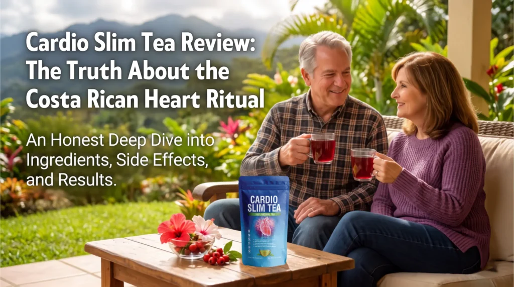 A happy mature couple drinking red Cardio Slim Tea on a tropical patio, with the product pouch and fresh hibiscus ingredients on the table.