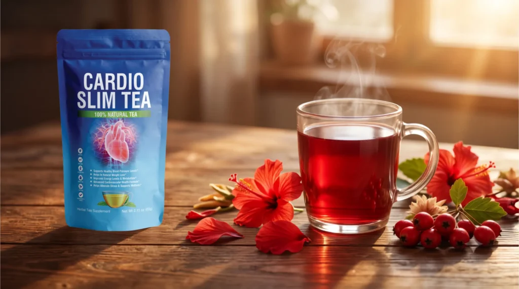 A steaming cup of dark red Cardio Slim Tea sitting on a wooden table next to the branded canister and fresh tropical botanicals.